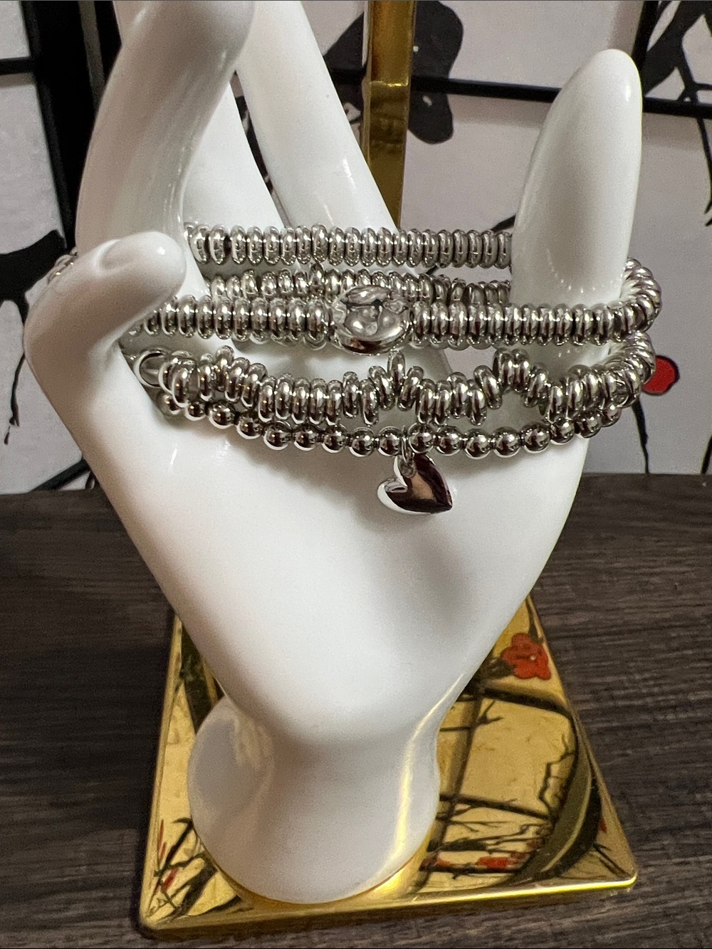 Silver Heart Charm Coil Elastic Bracelet - Women Jewelry